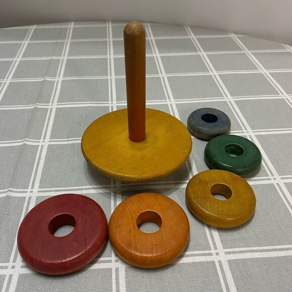 Classic Wooden Rainbow Color Cone Rocking Pyramid Stacking Toddler Child Kid Toy - Picture 2 of 3